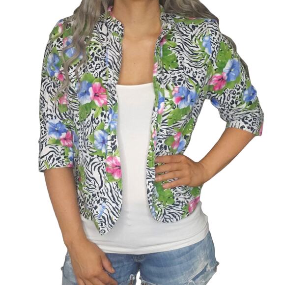 Vintage Hawaiian Cardigan Womens PL Large Petite 100% Linin Hibiscus Zebra Print - Picture 1 of 16